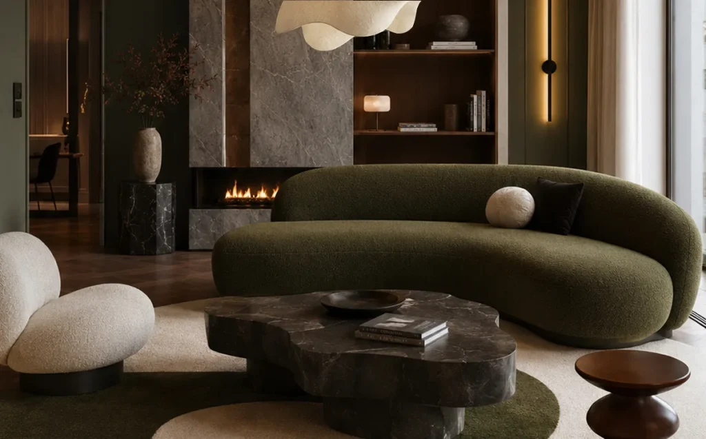 Salón contemporáneo con mobiliario a medida, materiales naturales y un cuidado diseño interior