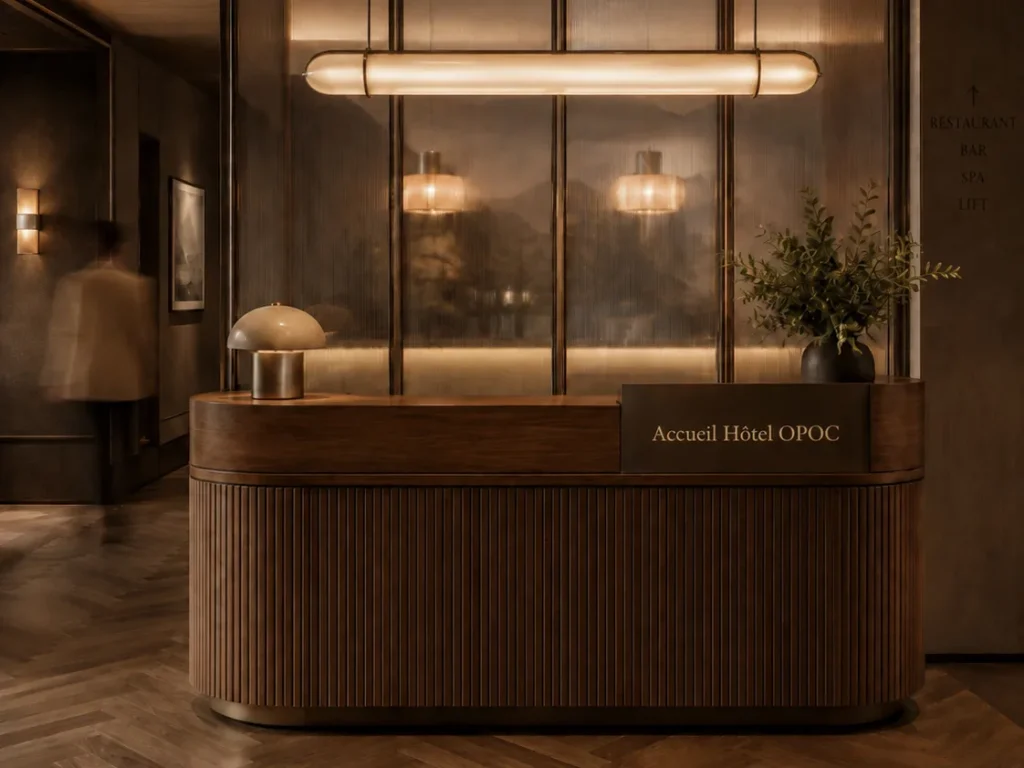 Recepción de un hotel spa con mostrador de madera a medida e iluminación arquitectónica