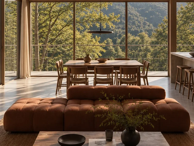 Contemporary chalet living space opening widely onto the mountain landscape