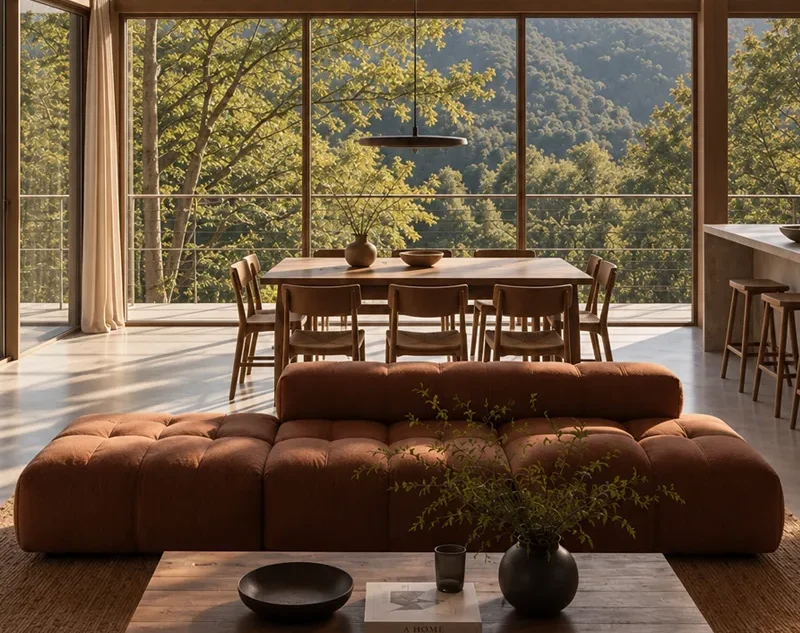 Espace de vie contemporain d’un chalet, largement ouvert sur le paysage montagneux.