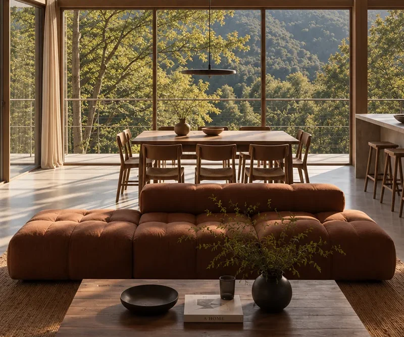 Salón de un chalet contemporáneo ampliamente abierto al paisaje de montaña