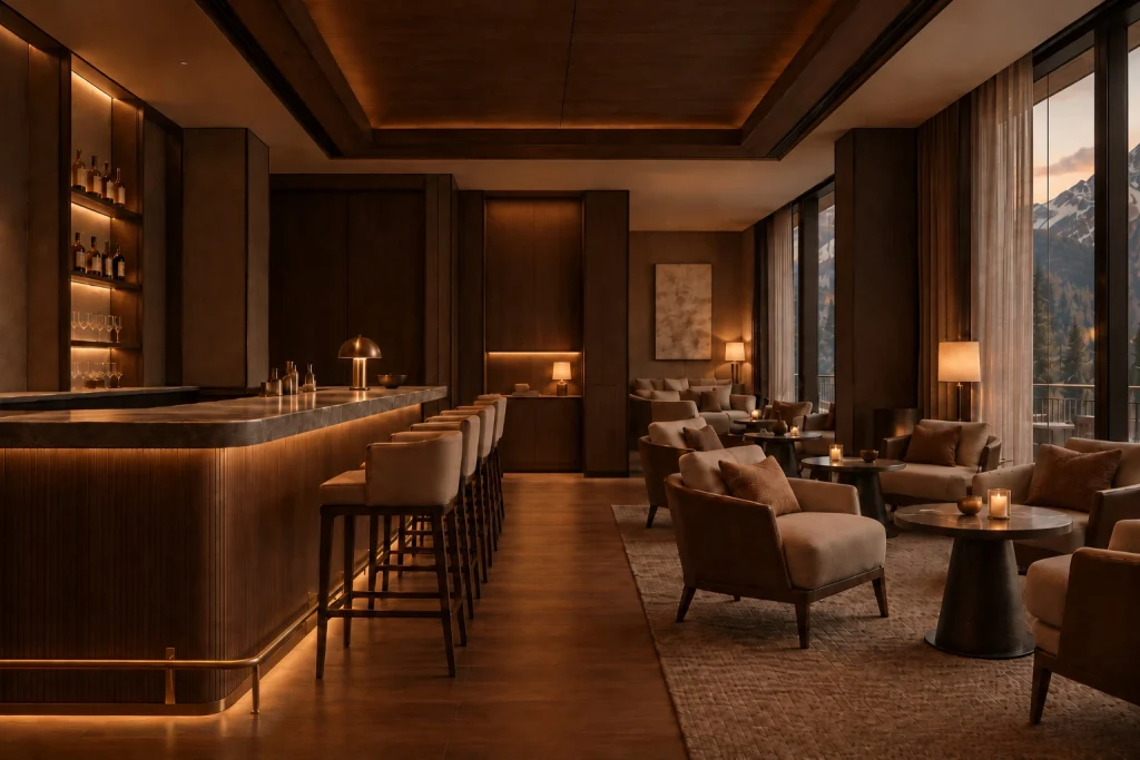 Contemporary hotel lounge and bar with dark wood paneling, comfortable armchairs, soft lighting and views of the Andorran mountains.